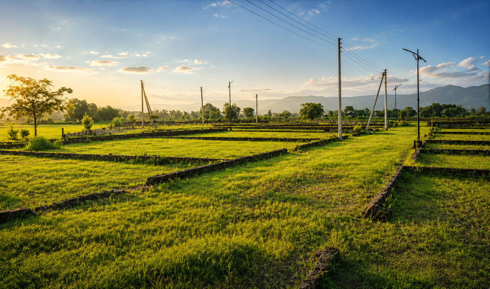 Vibrant Green Plots at Sunset
